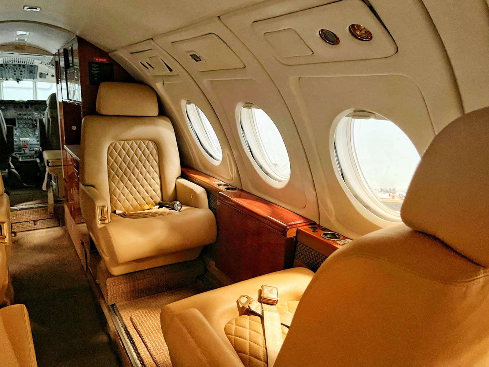 A quiet private aircraft cabin prepared for a journey